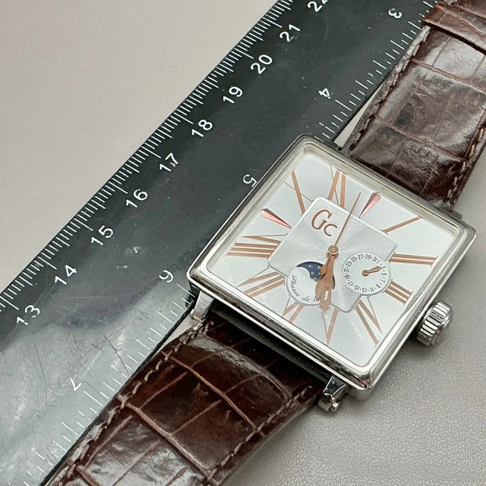 GC Watch Men's GC34000 Swiss Moon Phase Square Brown Leather NEW BATTERY 38mm